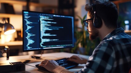 Engaging in software development programmer at work in a modern office focused environment technical scene close-up view