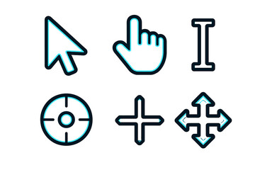 Set of essential computer interface cursors including pointer, clicking hand, text selection, and movement icons