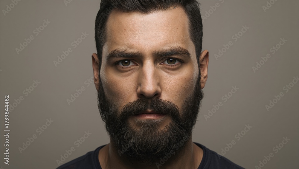 portrait of serious bearded man with intense expression and well ...