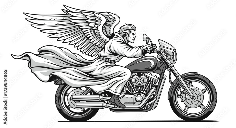 Motorcycle Rider Angels Stylized monochrome illustration of an angel riding a powerful ...