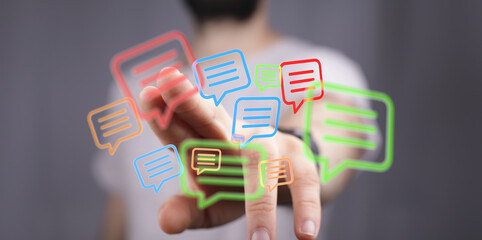 Person interacting with digital message icons. Illustrates technology, connectivity, and modern communication in digital era.