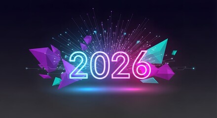 Vibrant 2026 celebration concept featuring neon typography and exploding crystal particles for a festive digital event invitation