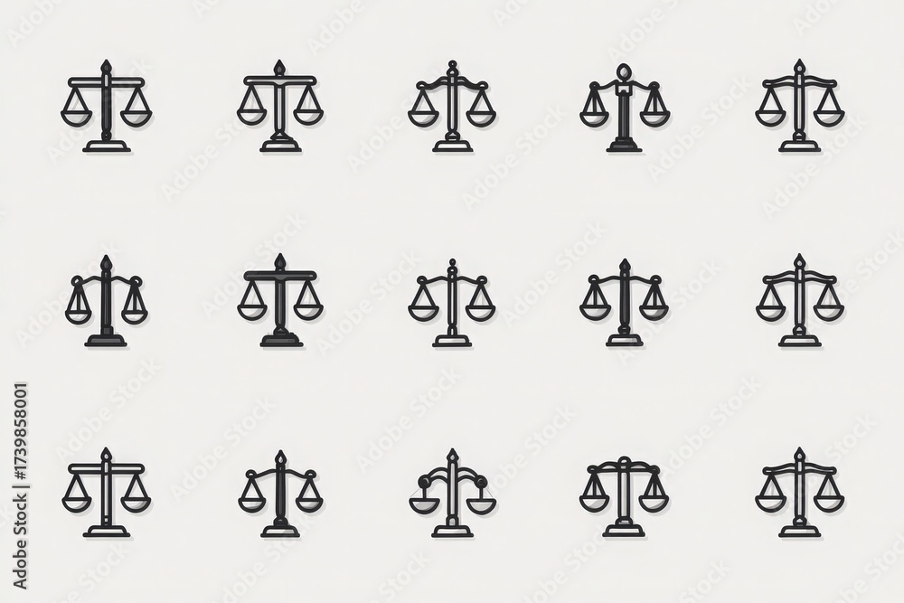 Multiple black scale icons are arranged in a grid, symbolizing justice and fairness. Each design features unique details while maintaining the core theme of balance, ideal for legal content.