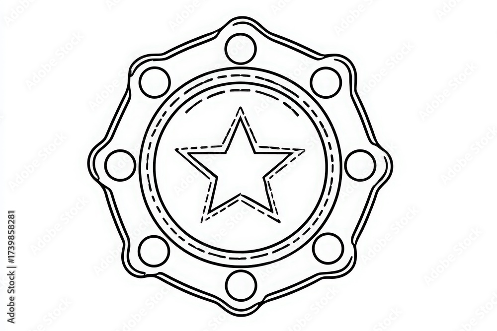 This design features a circular emblem with a prominent star at the center. Surrounding the star are several dots and decorative lines, creating an interesting visual appeal suitable for various uses.