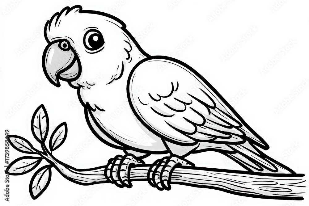 A cheerful parrot is sitting on a branch with green leaves, showcasing its vibrant feathers. The bird appears friendly and curious, engaging the viewer with its lively expression.