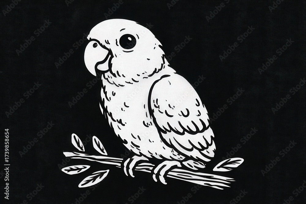 A cute cartoon bird perched on a branch surrounded by leaves. The bird has a round face and fluffy feathers, all depicted in black and white for a striking appearance.