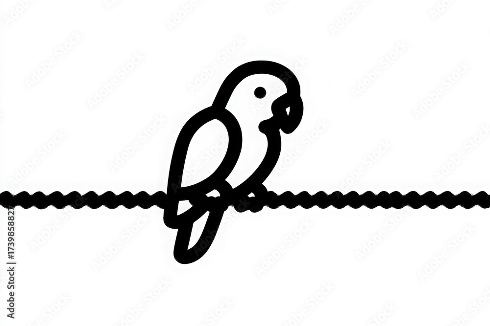 This artwork features a minimalistic design of a parrot drawn in black outline. The bird is perched on a thin line, set against a clean white background, creating a striking contrast.