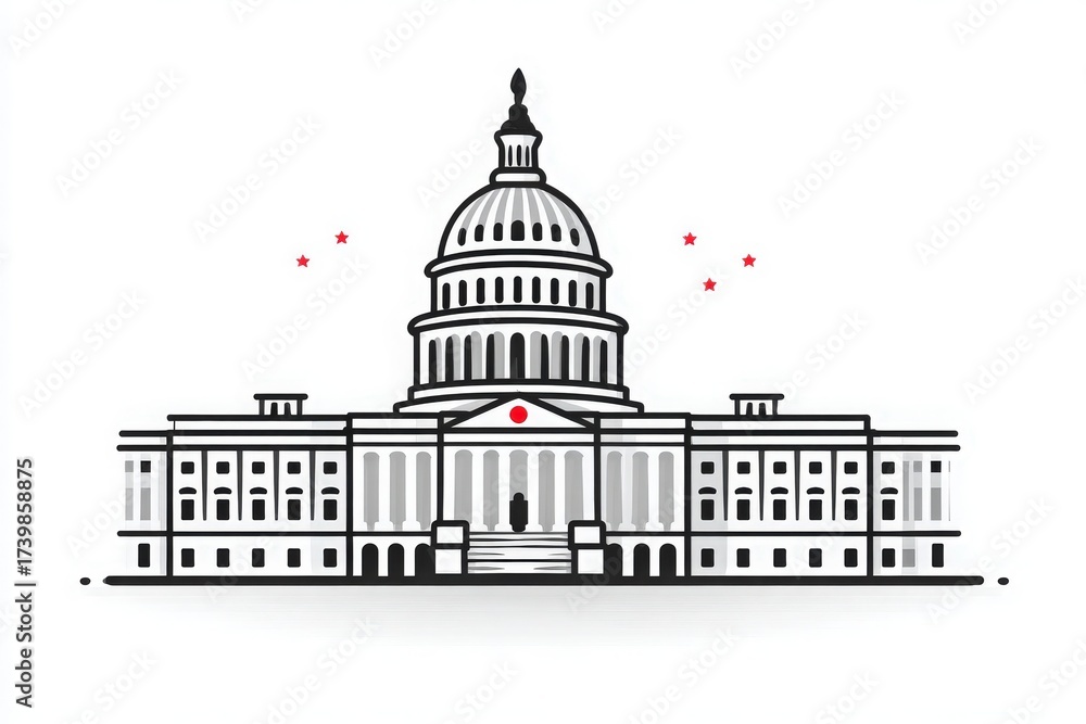 The Capitol building stands tall, showcasing a stylized design in black and red.