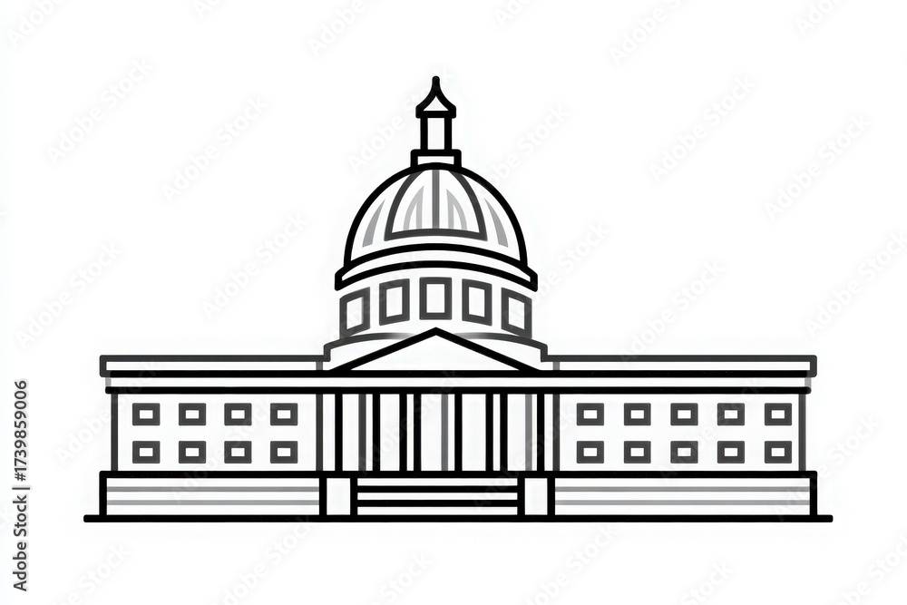 A detailed outline displays a historic building featuring a prominent dome and several columns. The structures fa?ade is symmetrical with multiple windows, highlighting its architectural design.