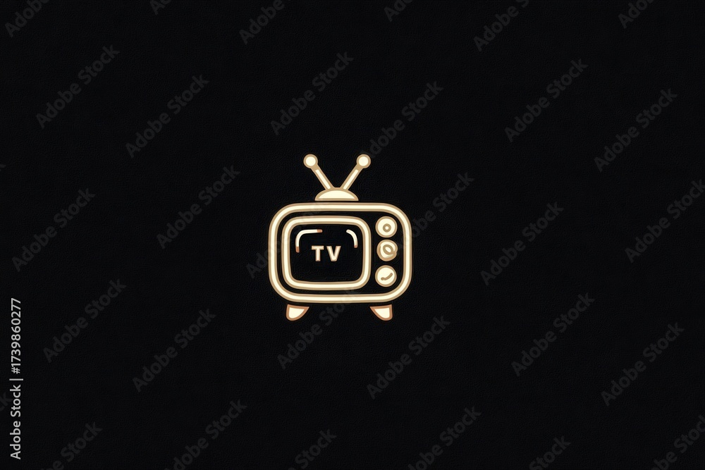 A vintage television set icon is displayed in gold against a black background. The design features a simple rectangular screen with knobs, evoking nostalgia for classic media.