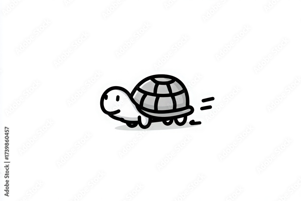 A small cartoon turtle rolls quickly with a lighthearted expression. Its shell features a simple grid pattern, and it leaves behind motion lines, suggesting speed.