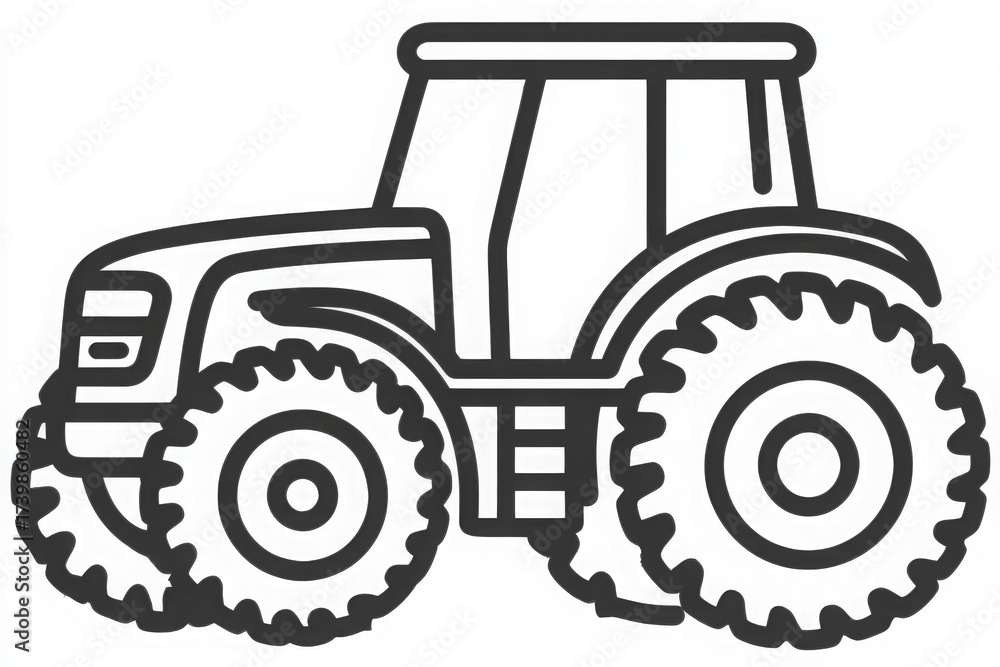 A detailed drawing of a tractor featuring large, rugged tires. The tractor is designed for farming activities. It showcases a sturdy build, emphasizing its role in agriculture.