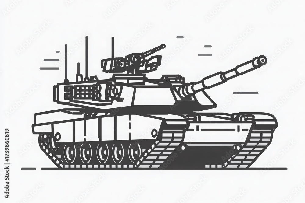 A detailed line art representation of a military tank showcases its design and structure. The tank is depicted from the side with emphasis on its turret, cannon, and tracks.