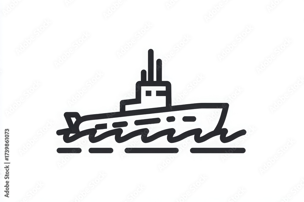 A simple line drawing depicts a ship sailing over gentle waves. The vessel features a tall structure and moves smoothly through clear waters. The design captures a serene moment at sea.