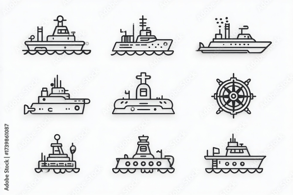 This artwork features several types of boats and ships illustrated in a minimalistic line art style. Each design showcases different vessels, including a cargo ship, a naval ship, and a fishing boat.