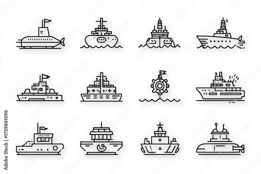 This collection features different types of ships and submarines, illustrated in a minimalistic line art style. Each vessel showcases unique designs and purposes, appealing to maritime enthusiasts.