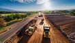 © Jean - aerial shot showcasing road construction with dump trucks and heavy machinery on a sunny day scene