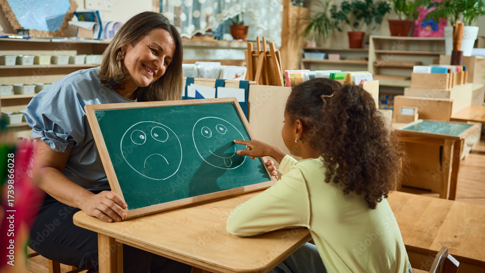 Smiling teacher and child pointing at happy face drawing in classroom ...