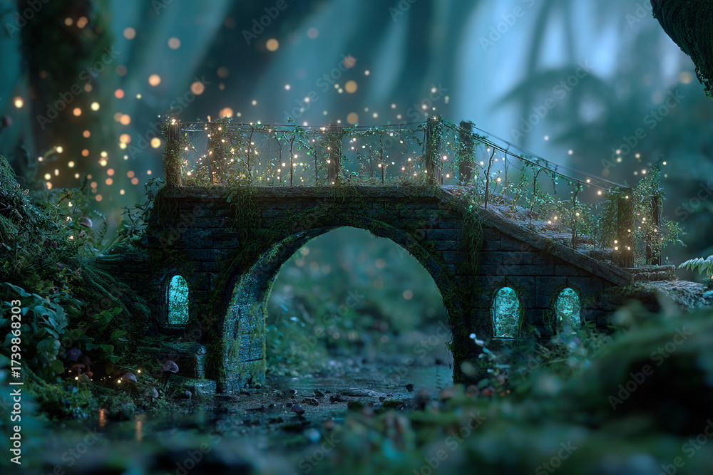 Magical stone bridge glowing with enchanted lights in forest の Stock ...