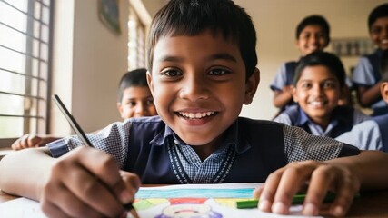 Joyful Indian student in Tripura drawing with colored pencils during World Disabled Day celebration