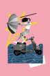 © deagreez - Art sketch 3d image banner collage of shocked girl fly ocean umbrella windy weather sea retro vespa moped journey vacation