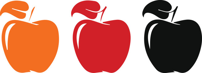 a black silhouette of an apple with a leaf on a white background apple, black, icon, illustration,