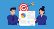 © yudhiecavalera - Two people, a man and a woman, hold a document with a pie chart and text, with a target and arrow in the background, representing success.