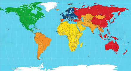  World map displaying continents with different colors illustrating geography and global connections in a vibrant and informative way.