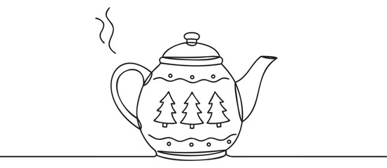 Black outline vector icon of a simple teapot with tree patterns. minimal linear illustration for kitchen, tea, and home decor concepts.