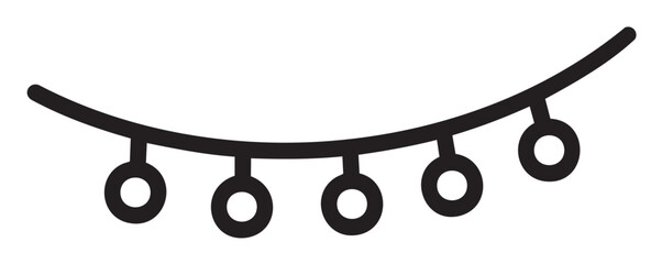 Black outline icon of a string of five circular hanging lights arranged in a curve.