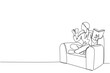 © Simple Line - Single continuous line drawing a woman sits on a sofa crossing legs holding a book and a mug. Living a normal life. Fighting pain. National Cancer Survivors Day. One line design vector illustration