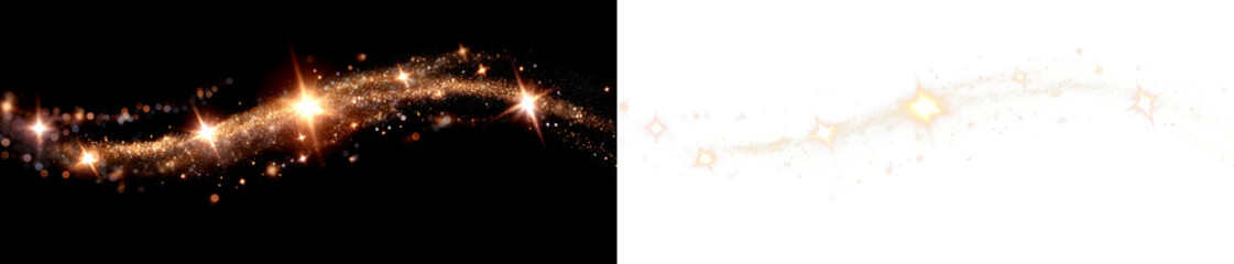 Wall Mural - Magical Sparkle Trail with Shimmering Stars and Glowing Light Display on Black and Transparent Background, cutout, png