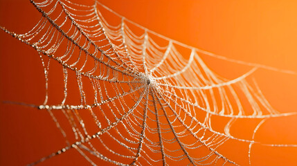 An extreme close-up of a sparkling spider web, a delicate and intricate pattern covered in morning dew drops, a beautiful and spooky macro for a Halloween background.