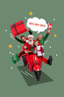 © deagreez - 3d design artwork photo collage of happy old man santa claus ride motorbike elf team helper young guys small girl present delivery xmas