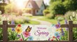 © Khan - A wooden fence with a colorful floral sign reading 'Welcome Spring' in a garden setting with a house in the background.