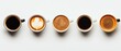 © Volodymyr - Five different coffee cups arranged in a row, showcasing various types and preparations of coffee from espresso to latte art