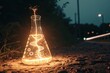 © Khatyjay - Illuminated laboratory flask on a dirt path at dusk, showcasing glowing liquid and sparkles