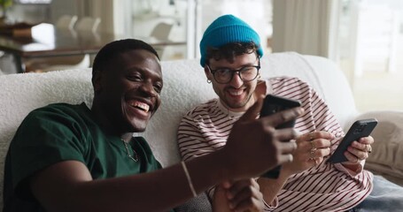 People, friends and happy with phone on couch for research, social media and reading blog at reunion. Smile, men and mobile on sofa for browsing internet, message notification and bonding at house