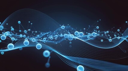 Wall Mural - Abstract blue network with spheres and wavy lines on a dark background.