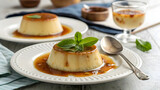Delicious creme caramel dessert with mint garnish on white plates