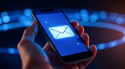 smartphone displaying bright glowing email icon symbolizing communication, technology and online messaging