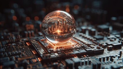 Wall Mural - Cityscape in a crystal ball on a circuit board, futuristic technology concept.