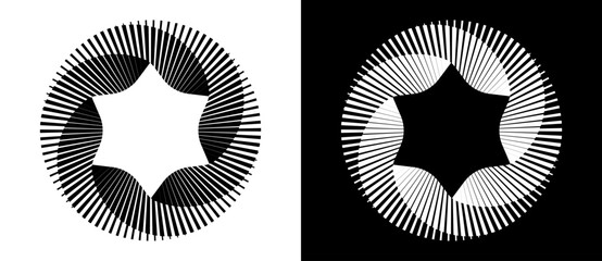 Wall Mural - Abstract background with lines in circle. Art design spiral as logo or icon with 6 parts. A black figure on a white background and an equally white figure on the black side.