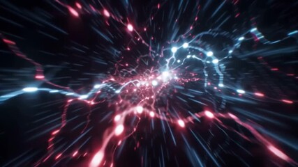 Wall Mural - Abstract digital art with red and blue light streaks in a dark space.