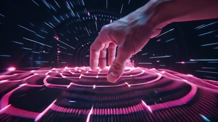 Wall Mural - Hand interacting with a futuristic, glowing, pink, digital landscape.
