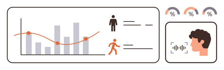 Bar chart and line graph with person icons, progress stats, and voice recognition feature. Ideal for analytics, productivity, health, technology, statistics, research simple flat metaphor