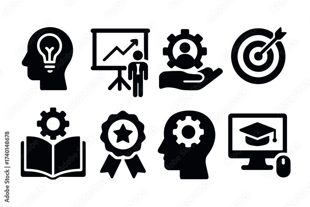 Skills and personal development icon set. Vector black symbols of ...