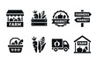 © David - Farmers market and local produce icon set. Vector black symbols of organic and farm fresh food