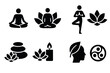 © Sophia - Yoga and meditation icon set. Vector black symbols of zen, spa, and spiritual wellness