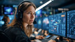 © Cantarela - Female operator with headset monitoring data dashboards in a control room. NOC/SOC analytics, cybersecurity and real-time operations.